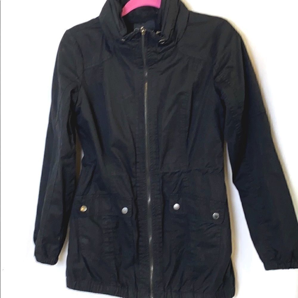 Guess Black Utility Jacket with cord to cinch in waistline. Size small